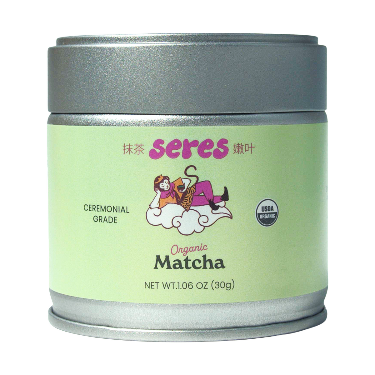 Seres Organic Ceremonial Grade Matcha 30g tin with USDA Organic logo.