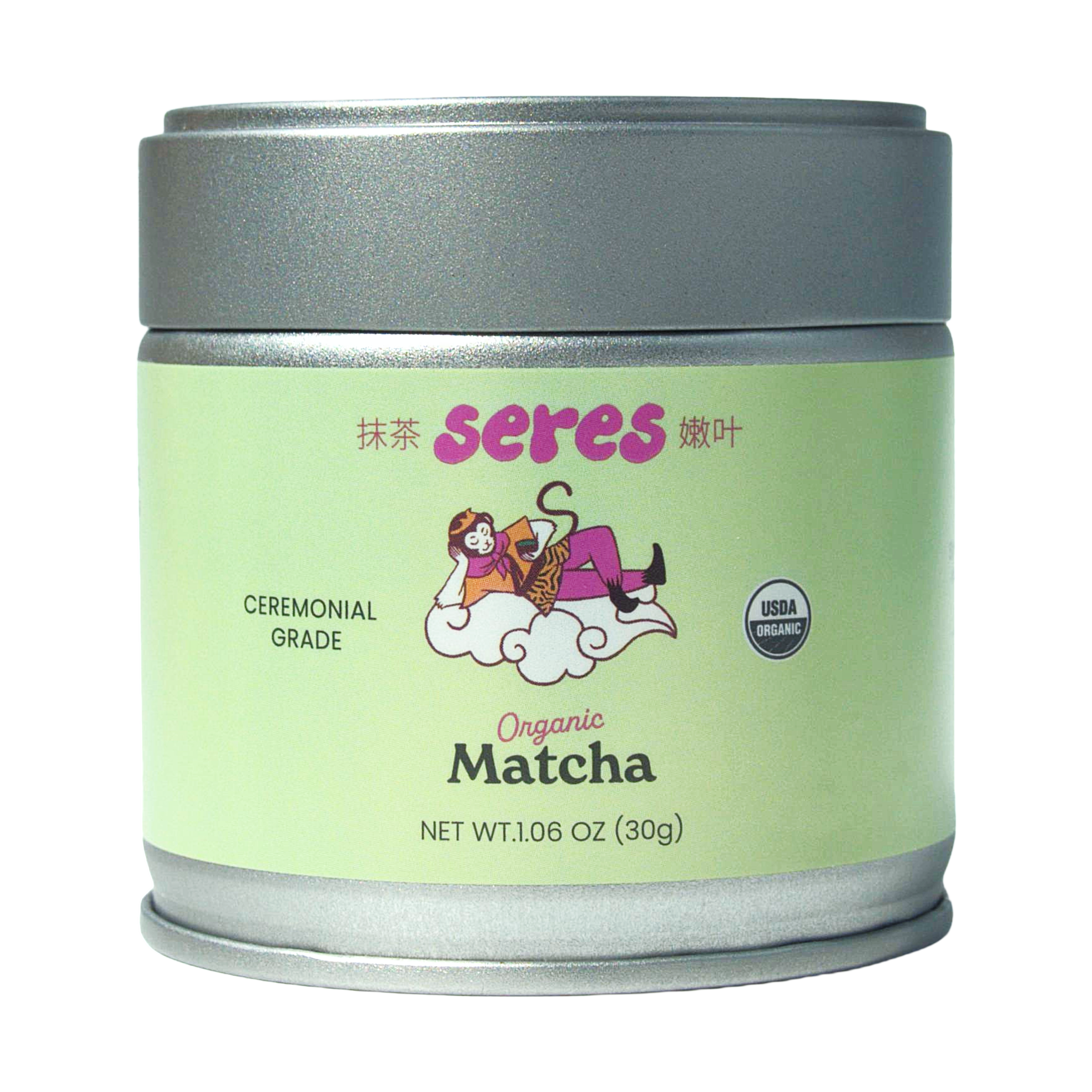Seres Organic Ceremonial Grade Matcha 30g tin with USDA Organic logo.