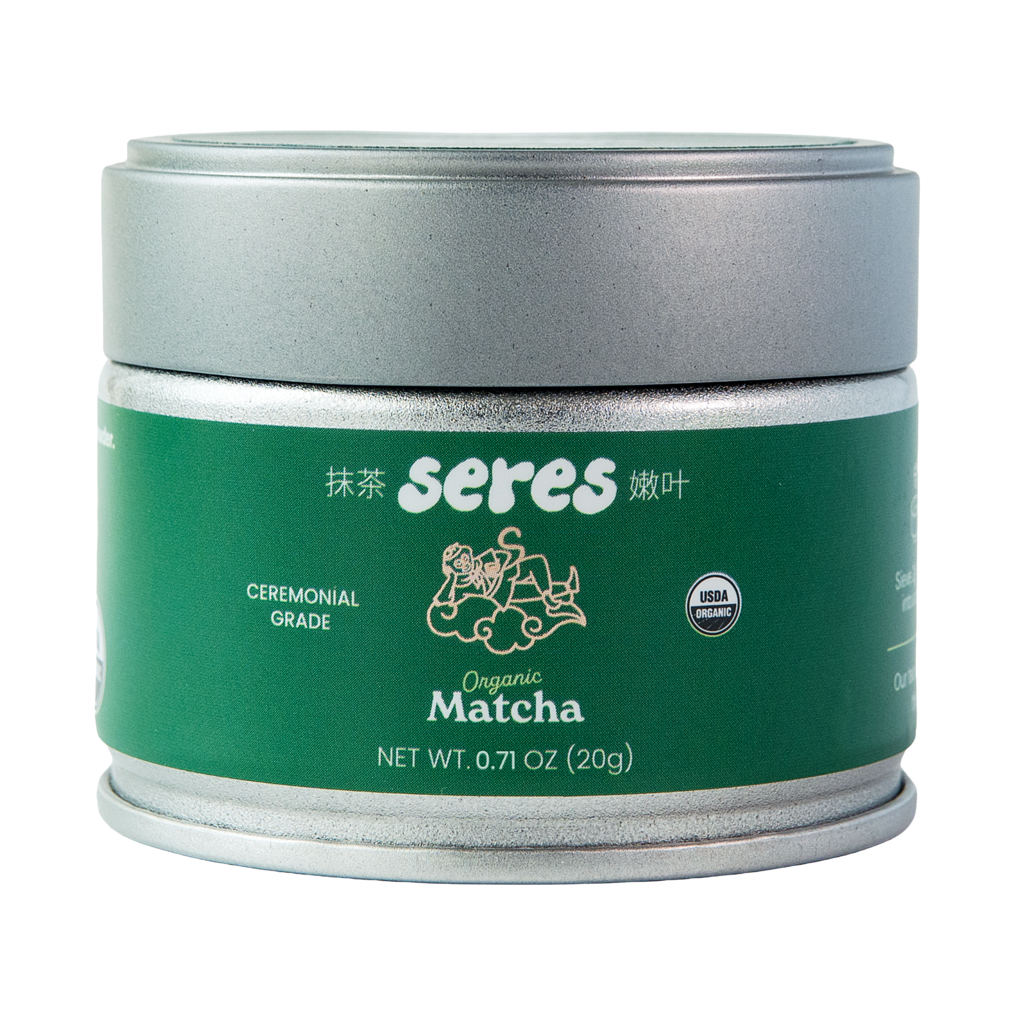 Seres Organic Ceremonial Grade Matcha 20g silver tin with green label and USDA Organic seal.