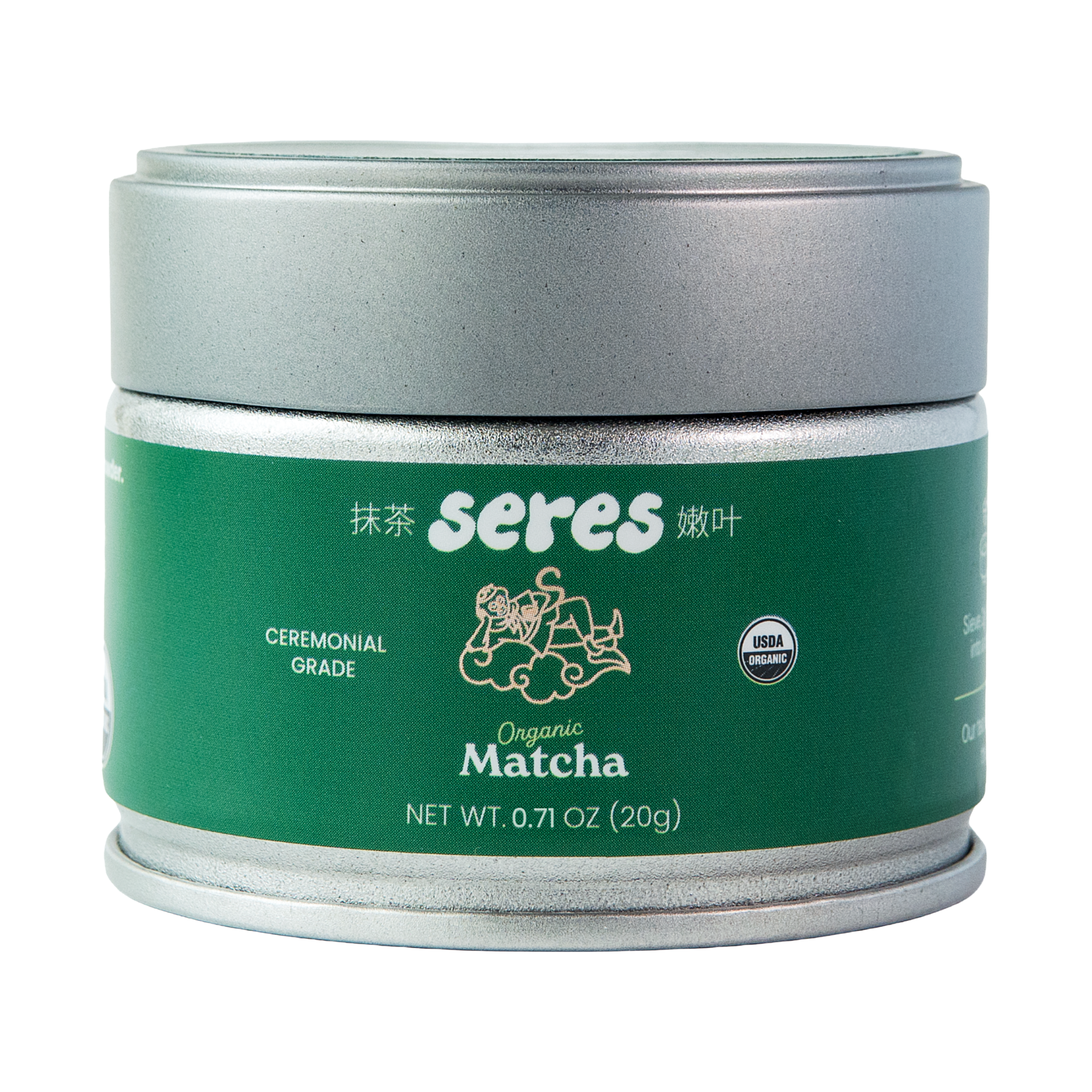 Seres Organic Ceremonial Grade Matcha 20g silver tin with green label and USDA Organic seal.