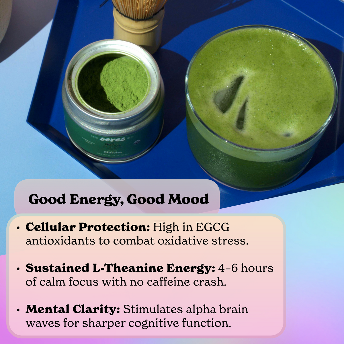 Seres Matcha tin and iced matcha drink graphic featuring health benefits like L-Theanine energy, antioxidants, and mental clarity.