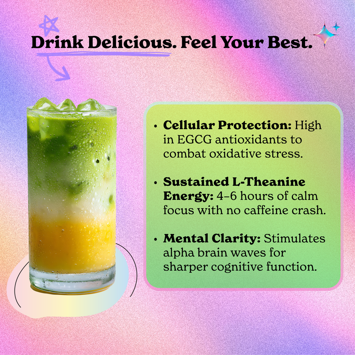 Seres Matcha iced drink graphic highlighting health benefits including antioxidants, L-theanine energy, and mental clarity.